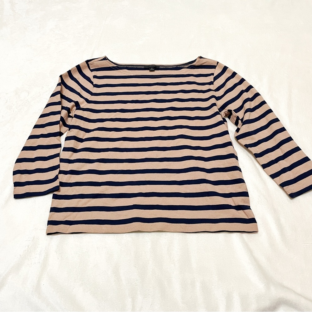 J Crew Structured Boatneck Brown and Navy Stripe Blouse Size Medium